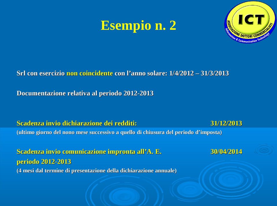 periodo 2012-2013 Scadenza invio dichiarazione dei redditi: 31/12/2013 (ultimo giorno del nono mese