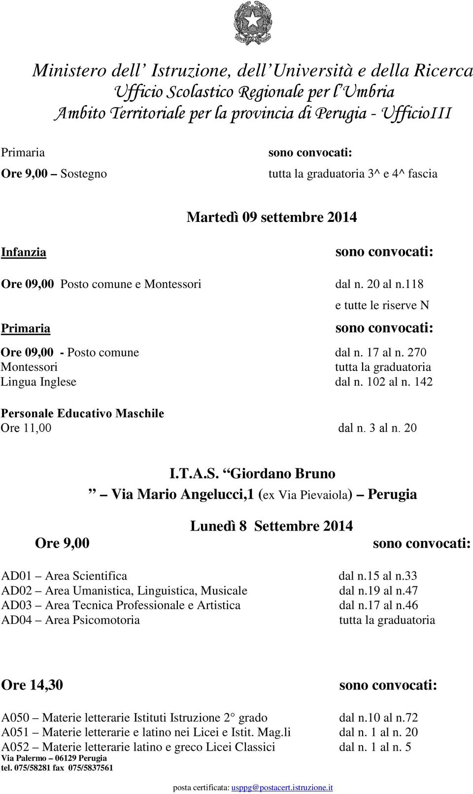 Giordano Bruno Via Mario Angelucci,1 (ex Via Pievaiola) Perugia Lunedì 8 Settembre 2014 AD01 Area Scientifica dal n.15 al n.33 AD02 Area Umanistica, Linguistica, Musicale dal n.19 al n.