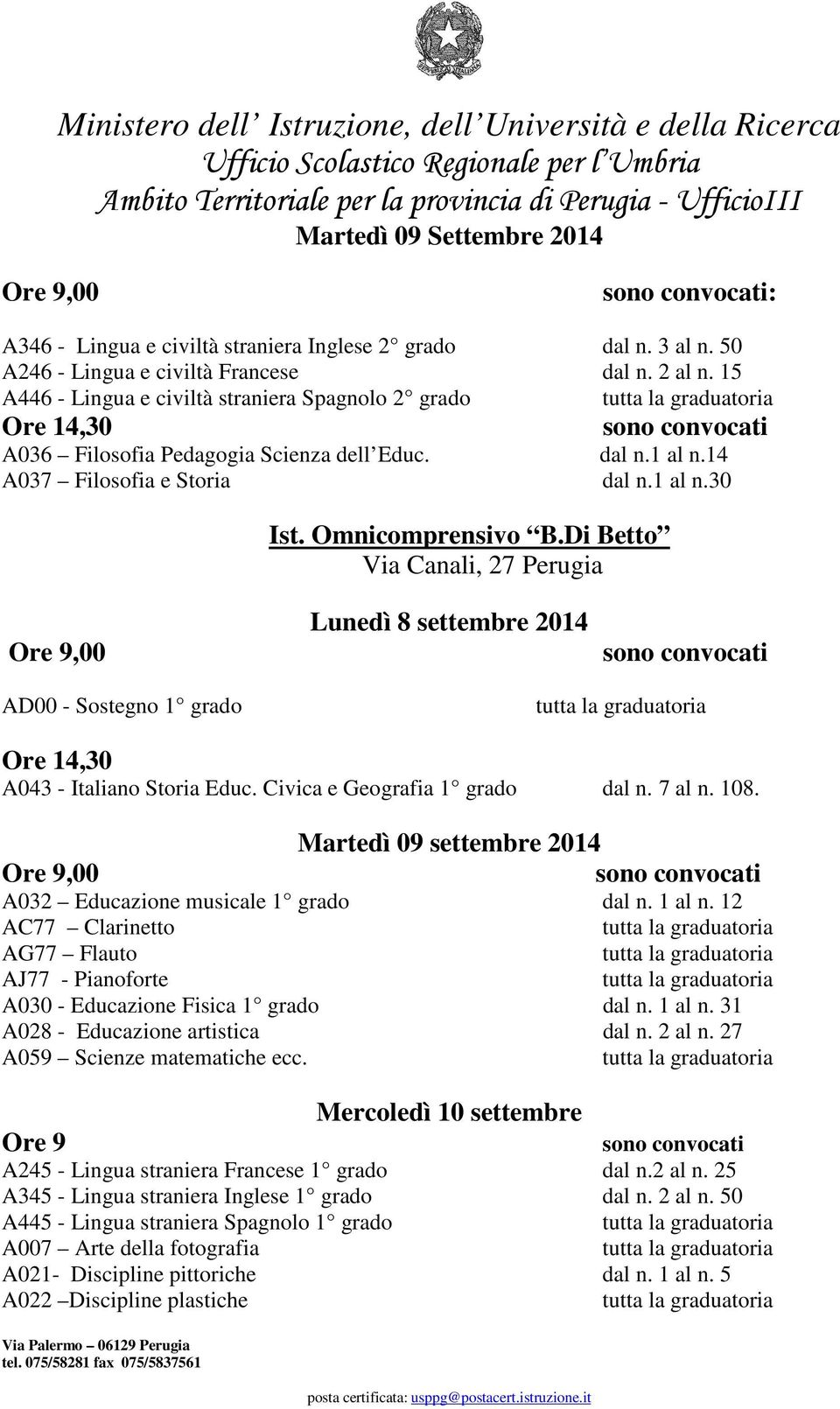 Di Betto Via Canali, 27 Perugia Lunedì 8 settembre 2014 AD00 - Sostegno 1 grado A043 - Italiano Storia Educ. Civica e Geografia 1 grado dal n. 7 al n. 108.