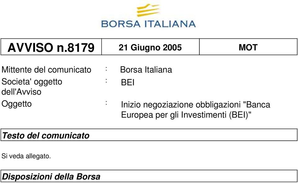 Societa' oggetto : BEI dell'avviso Oggetto : Inizio negoziazione