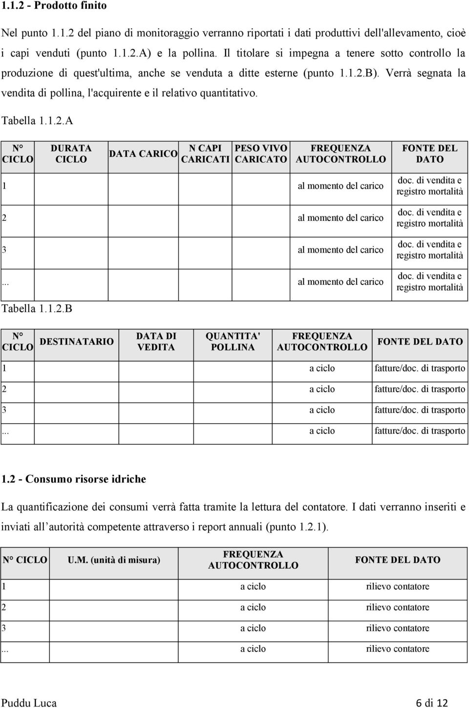 Verrà segnata la vendita di pollina, l'acquirente e il relativo quantitativo. Tabella 1.1.2.