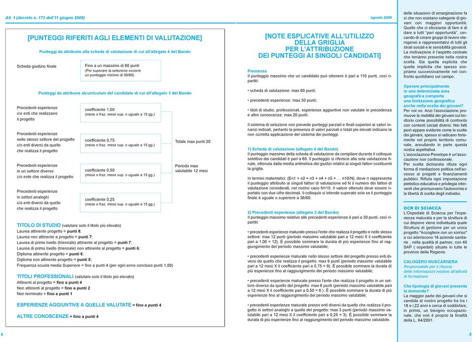 allegato 4 del Bando Fino a un massimo di 60 punti (Per superare la selezione occorre un punteggio minimo di 36/60) Punteggi da attribuire alcurriculum del candidato di cui all allegato 3 del Bando