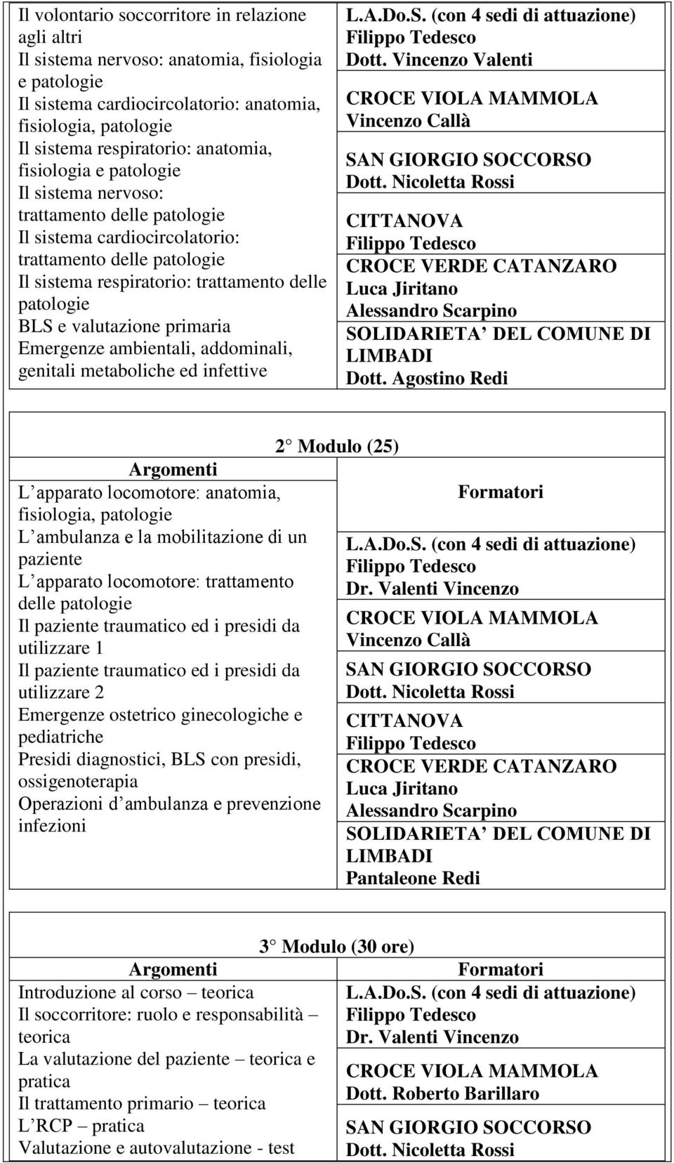 valutazione primaria Emergenze ambientali, addominali, genitali metaboliche ed infettive L.A.Do.S. (con 4 sedi di attuazione) Dott.