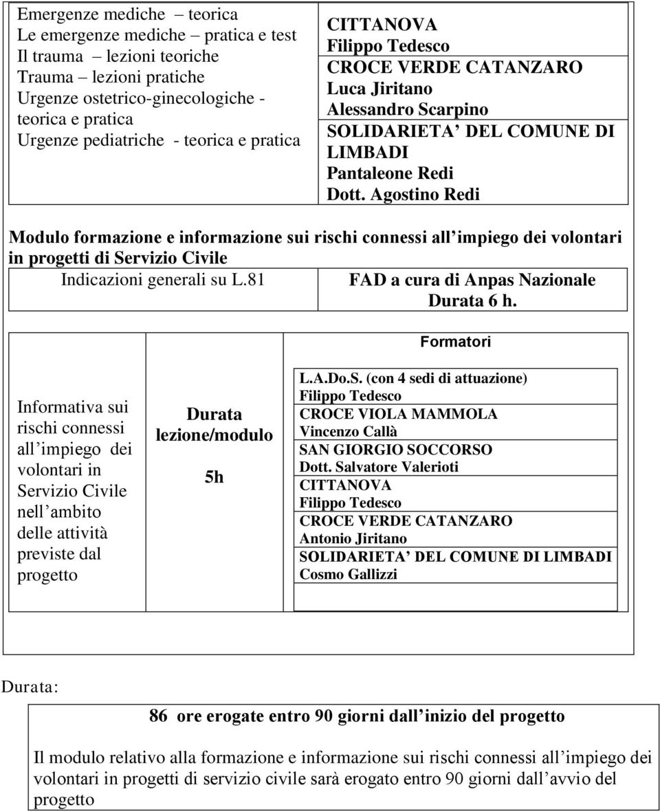 Agostino Redi Modulo formazione e informazione sui rischi connessi all impiego dei volontari in progetti di Servizio Civile Indicazioni generali su L.81 FAD a cura di Anpas Nazionale Durata 6 h.