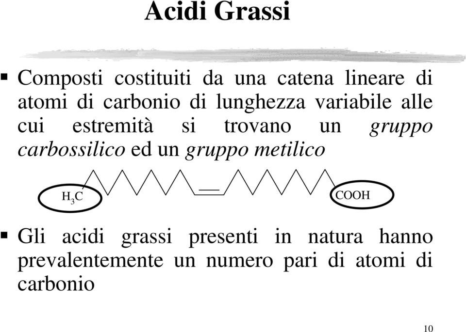 gruppo carbossilico ed un gruppo metilico C H 3 COOH Gli acidi grassi