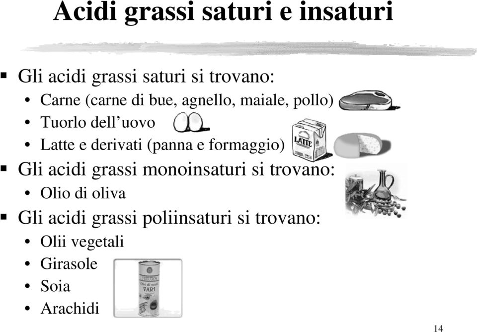 (panna e formaggio) Gli acidi grassi monoinsaturi si trovano: Olio di oliva