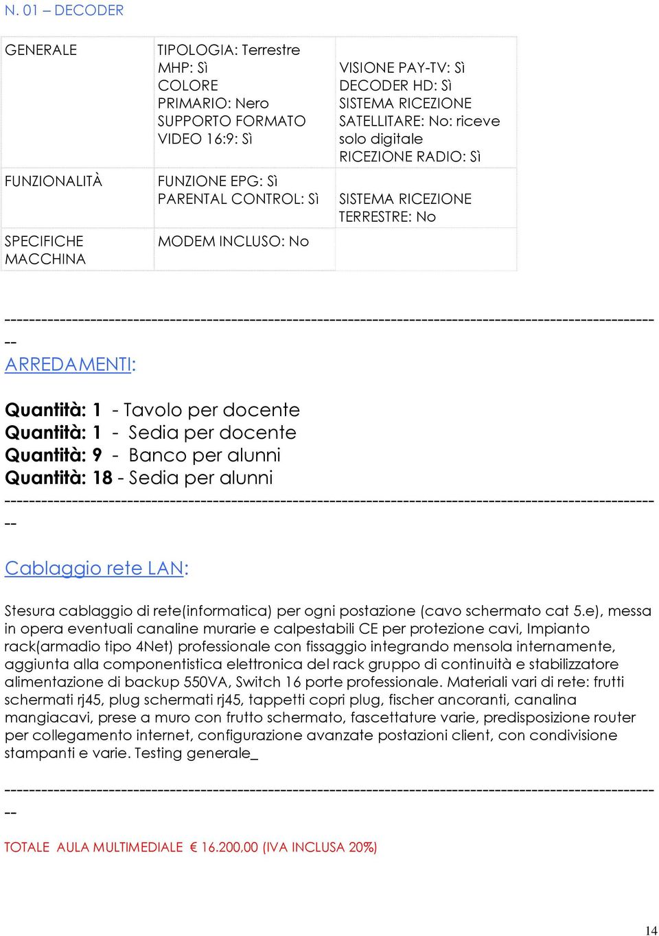 - Sedia per docente Quantità: 9 - Banco per alunni Quantità: 18 - Sedia per alunni Cablaggio rete LAN: Stesura cablaggio di rete(informatica) per ogni postazione (cavo schermato cat 5.