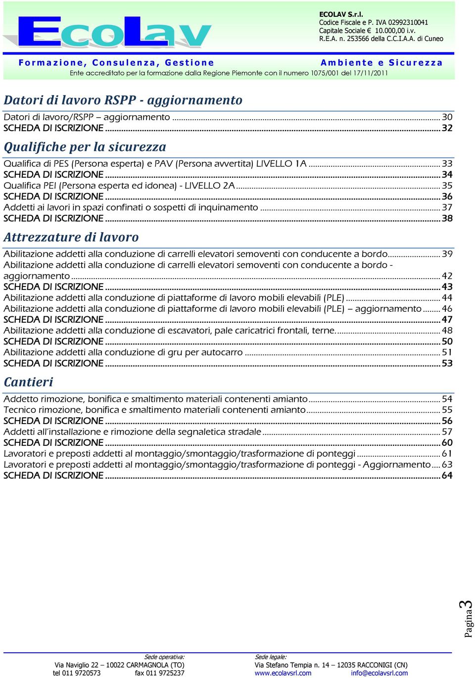 .. 35 SCHEDA DI ISCRIZIONE... 36 Addetti ai lavori in spazi confinati o sospetti di inquinamento... 37 SCHEDA DI ISCRIZIONE.