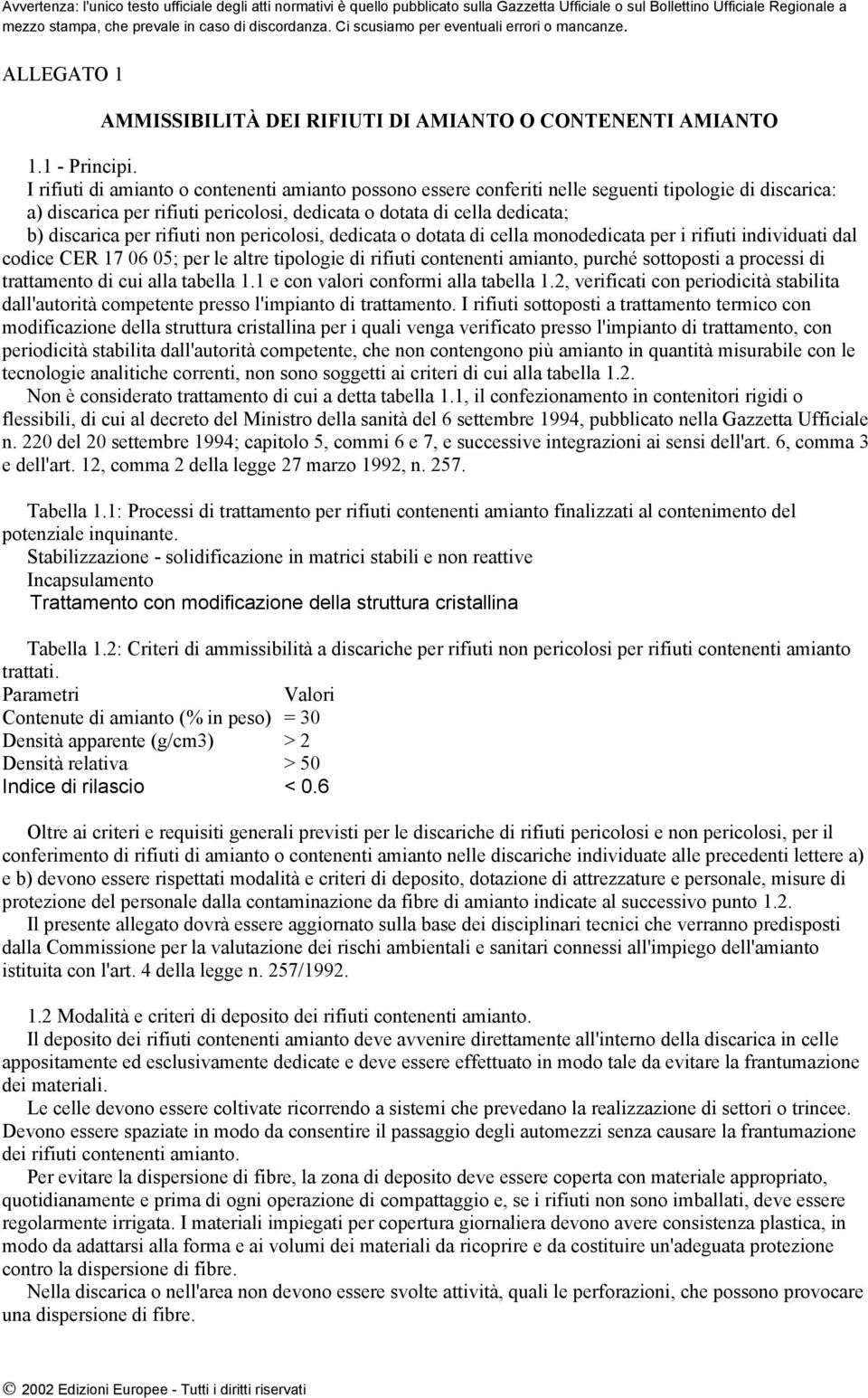 rifiuti non pericolosi, dedicata o dotata di cella monodedicata per i rifiuti individuati dal codice CER 17 06 05; per le altre tipologie di rifiuti contenenti amianto, purché sottoposti a processi