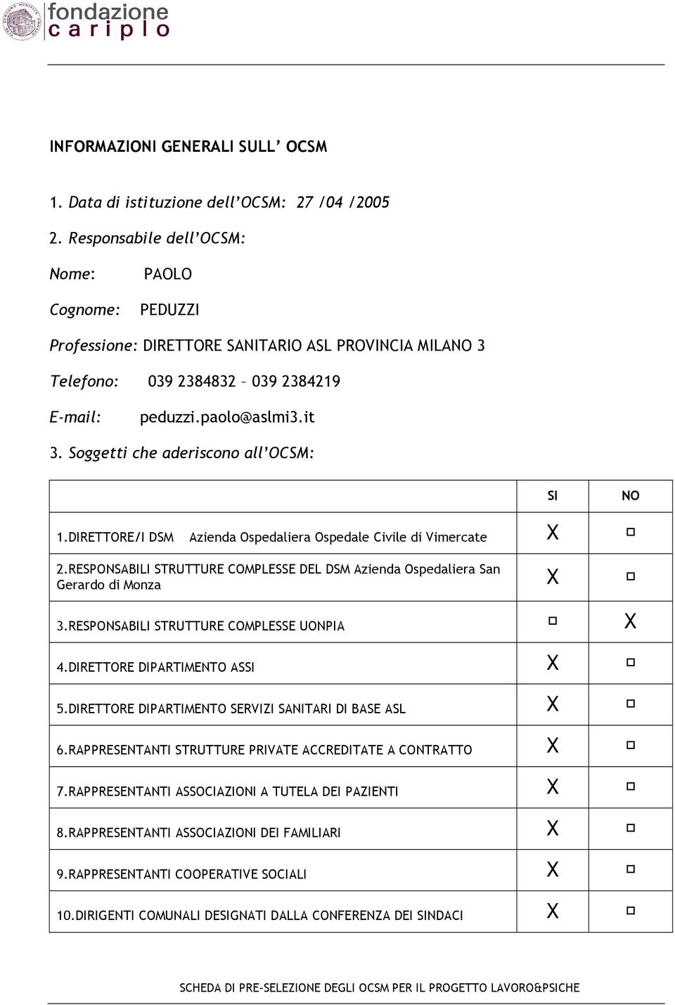 Soggetti che aderiscono all OCSM: SI NO 1.DIRETTORE/I DSM Azienda Ospedaliera Ospedale Civile di Vimercate X 2.RESPONSABILI STRUTTURE COMPLESSE DEL DSM Azienda Ospedaliera San Gerardo di Monza X 3.