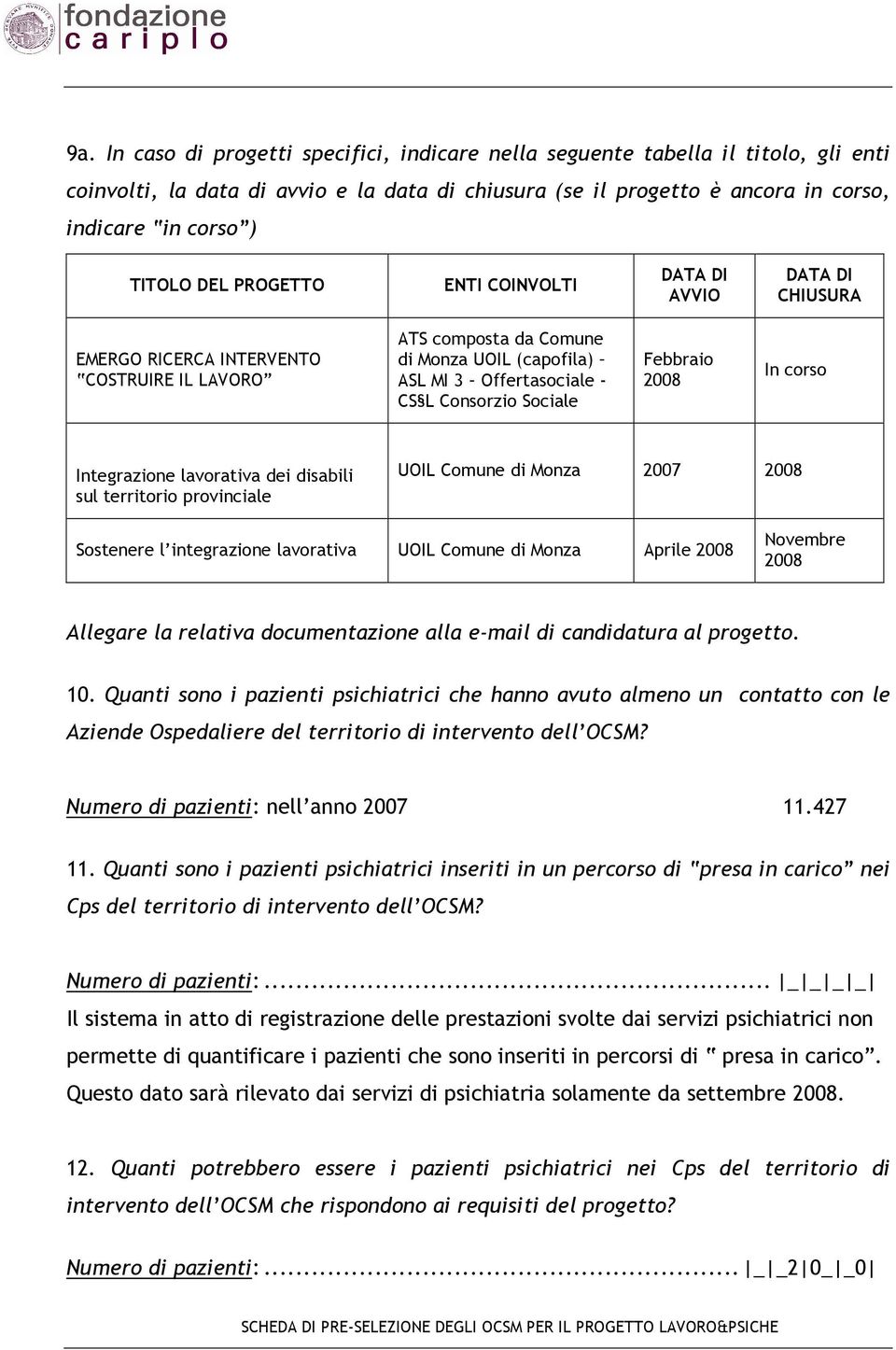 Sociale Febbraio 2008 In corso Integrazione lavorativa dei disabili sul territorio provinciale UOIL Comune di Monza 2007 2008 Sostenere l integrazione lavorativa UOIL Comune di Monza Aprile 2008