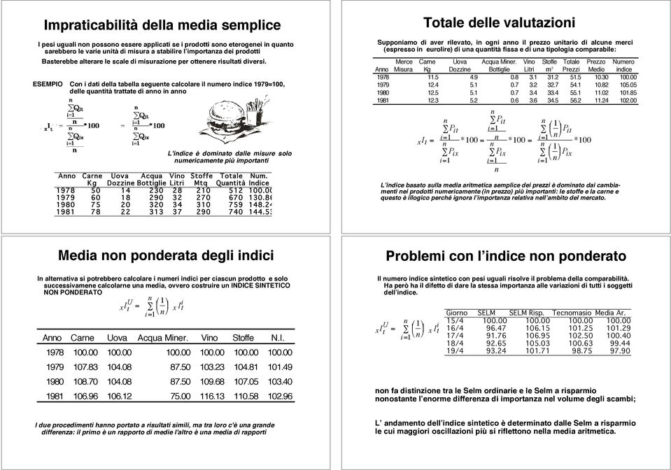 ESEMPIO Co i dati della tabella seguete calcolare il umero idice 1979=100, delle quatità trattate di ao i ao L'idice è domiato dalle misure solo umericamete più importati Ao Care Uova Acqua Vio