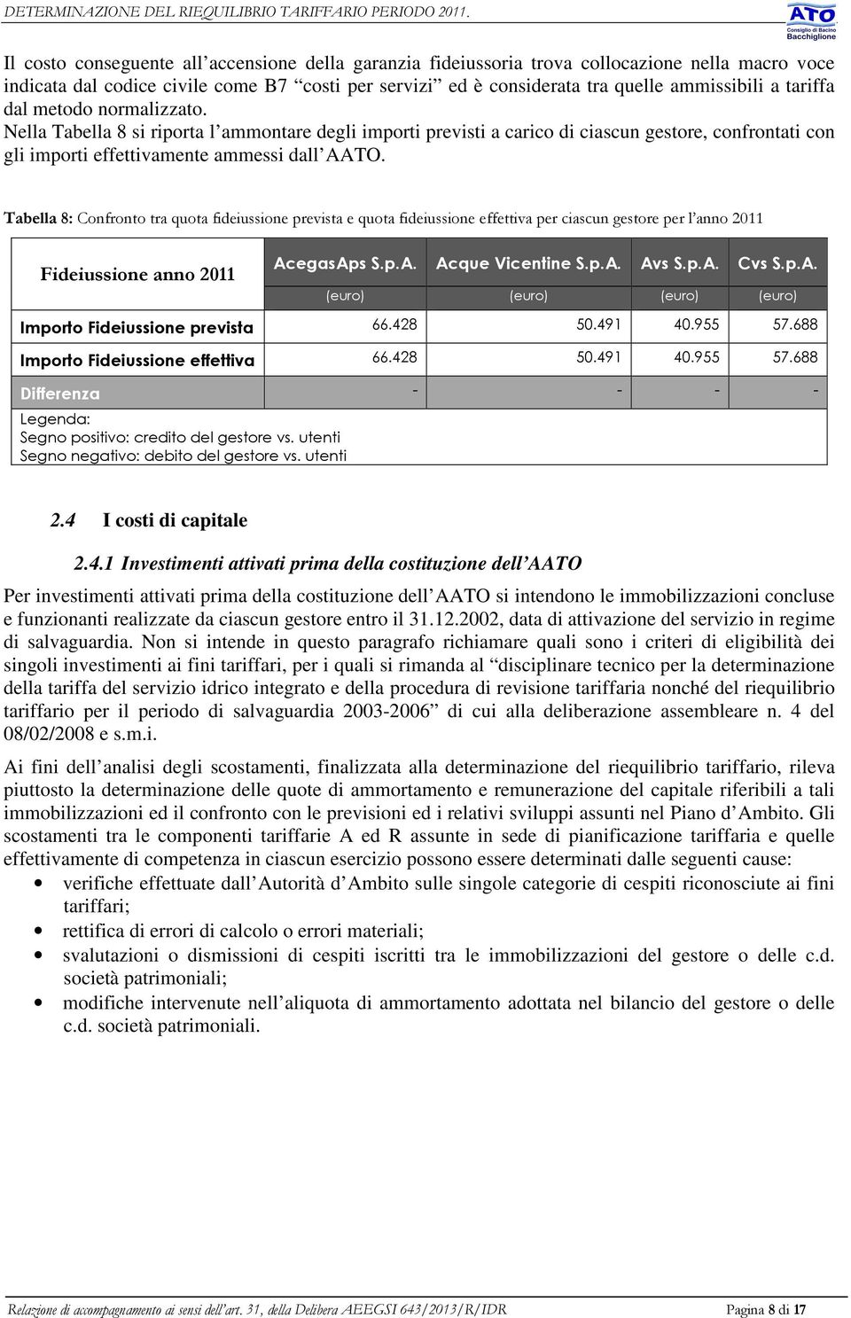 tariffa dal metodo normalizzato. Nella Tabella 8 si riporta l ammontare degli importi previsti a carico di ciascun gestore, confrontati con gli importi effettivamente ammessi dall AATO.