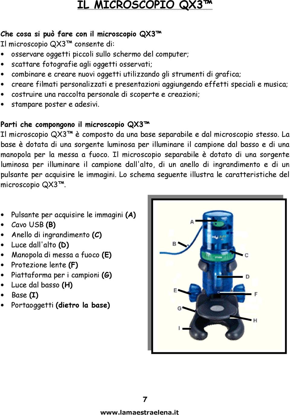 scoperte e creazioni; stampare poster e adesivi. Parti che compongono il microscopio QX3 Il microscopio QX3 è composto da una base separabile e dal microscopio stesso.