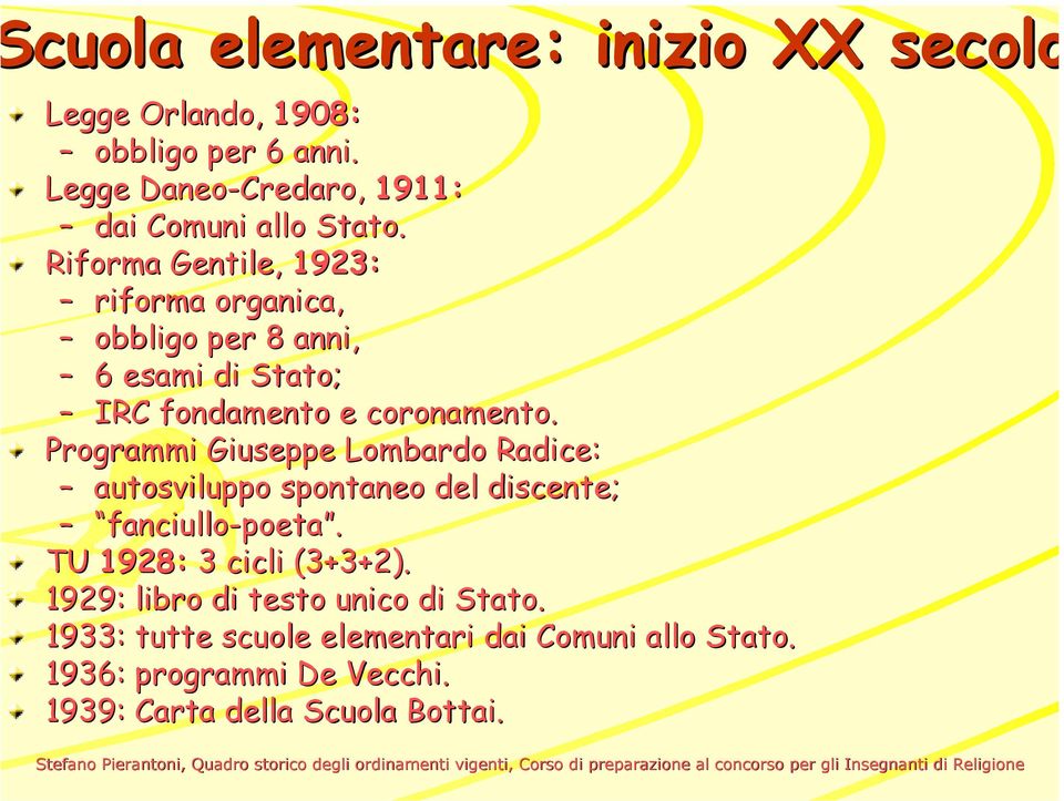 Riforma Gentile, 1923: riforma organica, obbligo per 8 anni, 6 esami di Stato; IRC fondamento e coronamento.