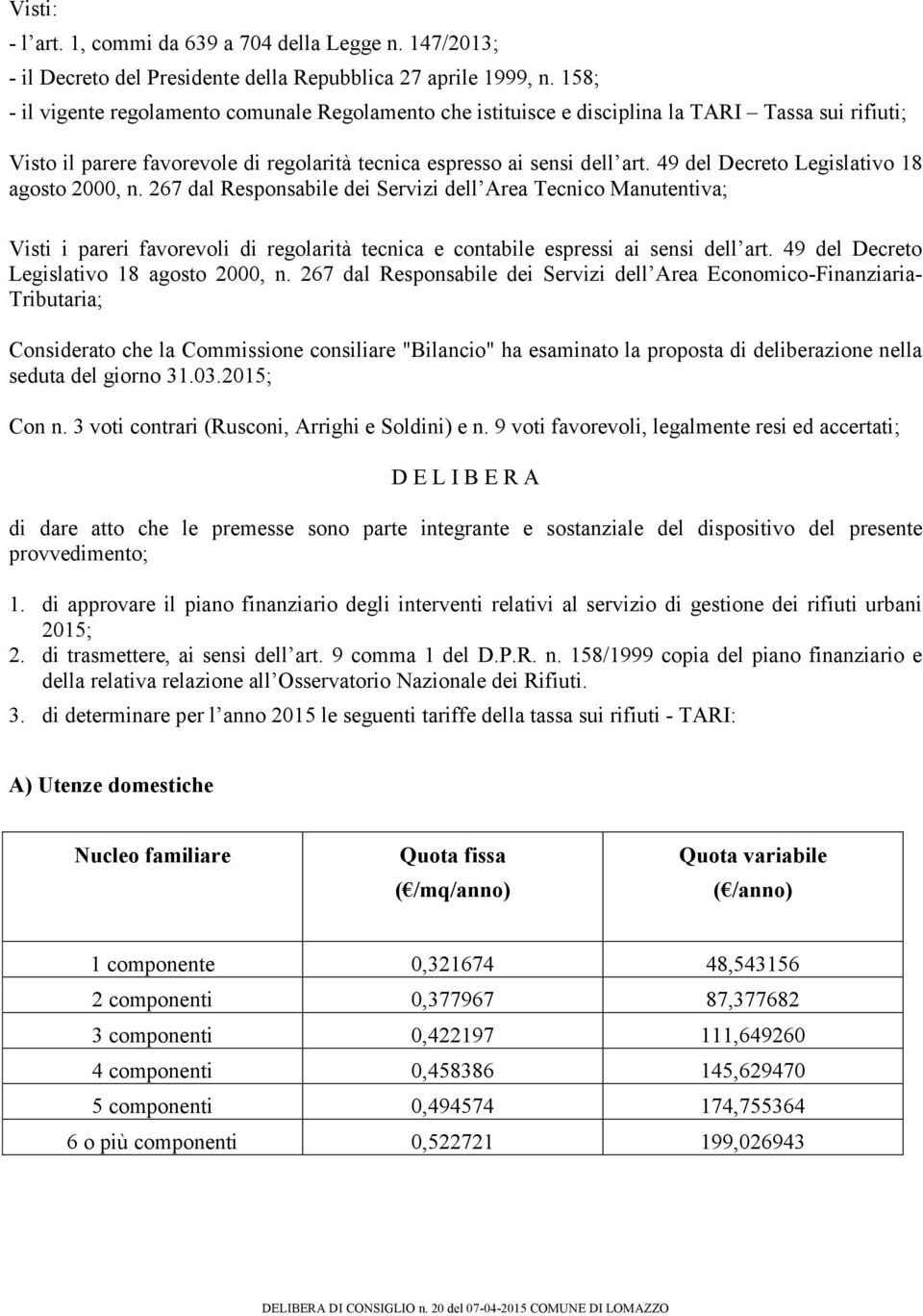 49 del Decreto Legislativo 18 agosto 2000, n. 267 dal Responsabile dei Servizi dell Area Tecnico Manutentiva; Visti i pareri favorevoli di regolarità tecnica e contabile espressi ai sensi dell art.