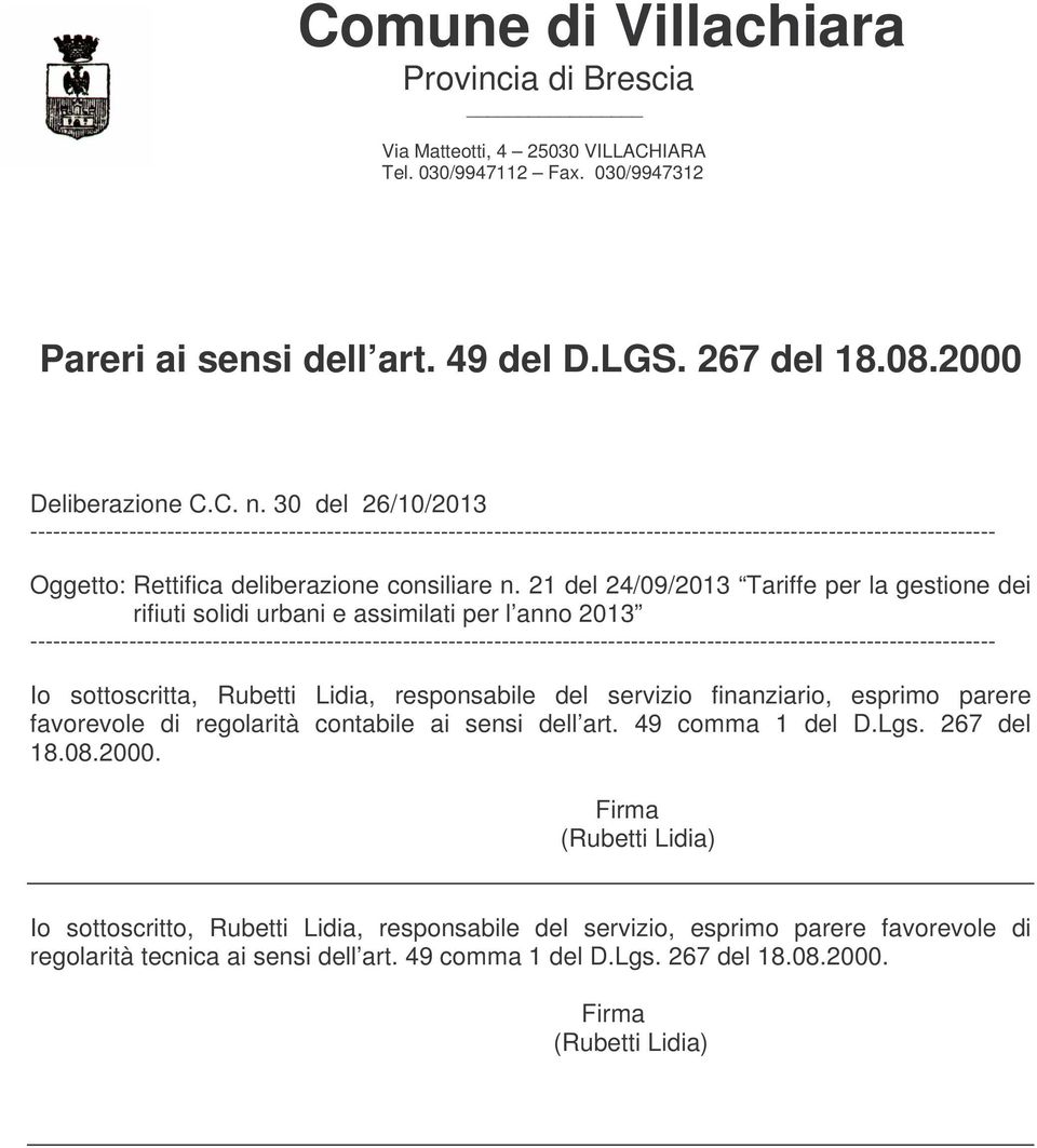 21 del 24/09/2013 Tariffe per la gestione dei rifiuti solidi urbani e assimilati per l anno 2013