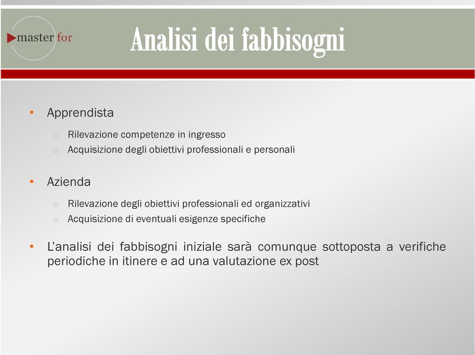 rganizzativi Acquisizine di eventuali esigenze specifiche L analisi dei