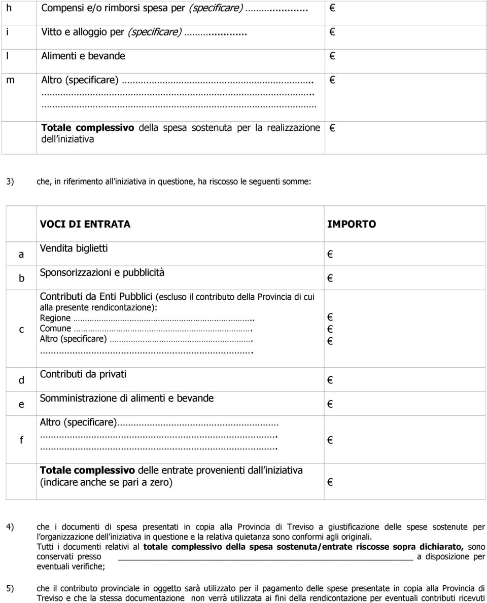 Vendita biglietti Sponsorizzazioni e pubblicità Contributi da Enti Pubblici (escluso il contributo della Provincia di cui alla presente rendicontazione): Regione.. Comune. Altro (specificare).