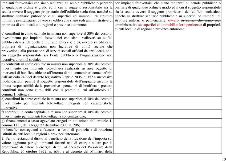 regioni e province autonome; c) contributi in conto capitale in misura non superiore al 30% del costo di investimento per impianti fotovoltaici che siano realizzati su edifici pubblici diversi da