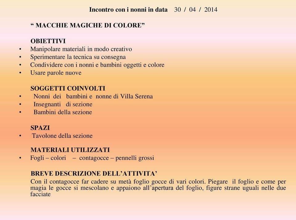 della sezione SPAZI Tavolone della sezione MATERIALI UTILIZZATI Fogli colori contagocce pennelli grossi BREVE DESCRIZIONE DELL ATTIVITA Con il contagocce far