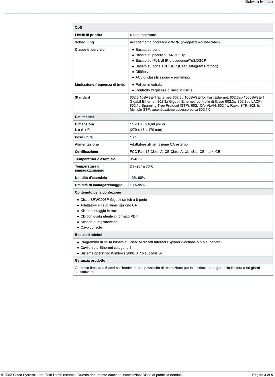 1p Basato su IPv4/v6 IP precedence/tos/dscp Basato su porta TCP/UDP (User Datagram Protocol) DiffServ ACL di classificazione e remarking Policer in entrata Controllo frequenza di invio in uscita 802.