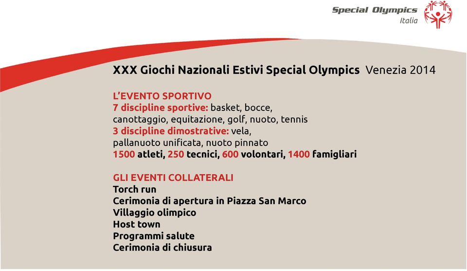 nuoto pinnato 1500 atleti, 250 tecnici, 600 volontari, 1400 famigliari GLI EVENTI COLLATERALI Torch run