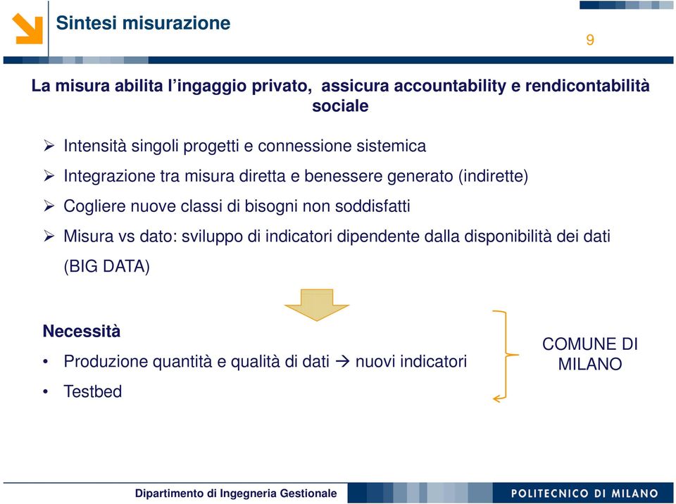 (indirette) Cogliere nuove classi di bisogni non soddisfatti Misura vs dato: sviluppo di indicatori dipendente