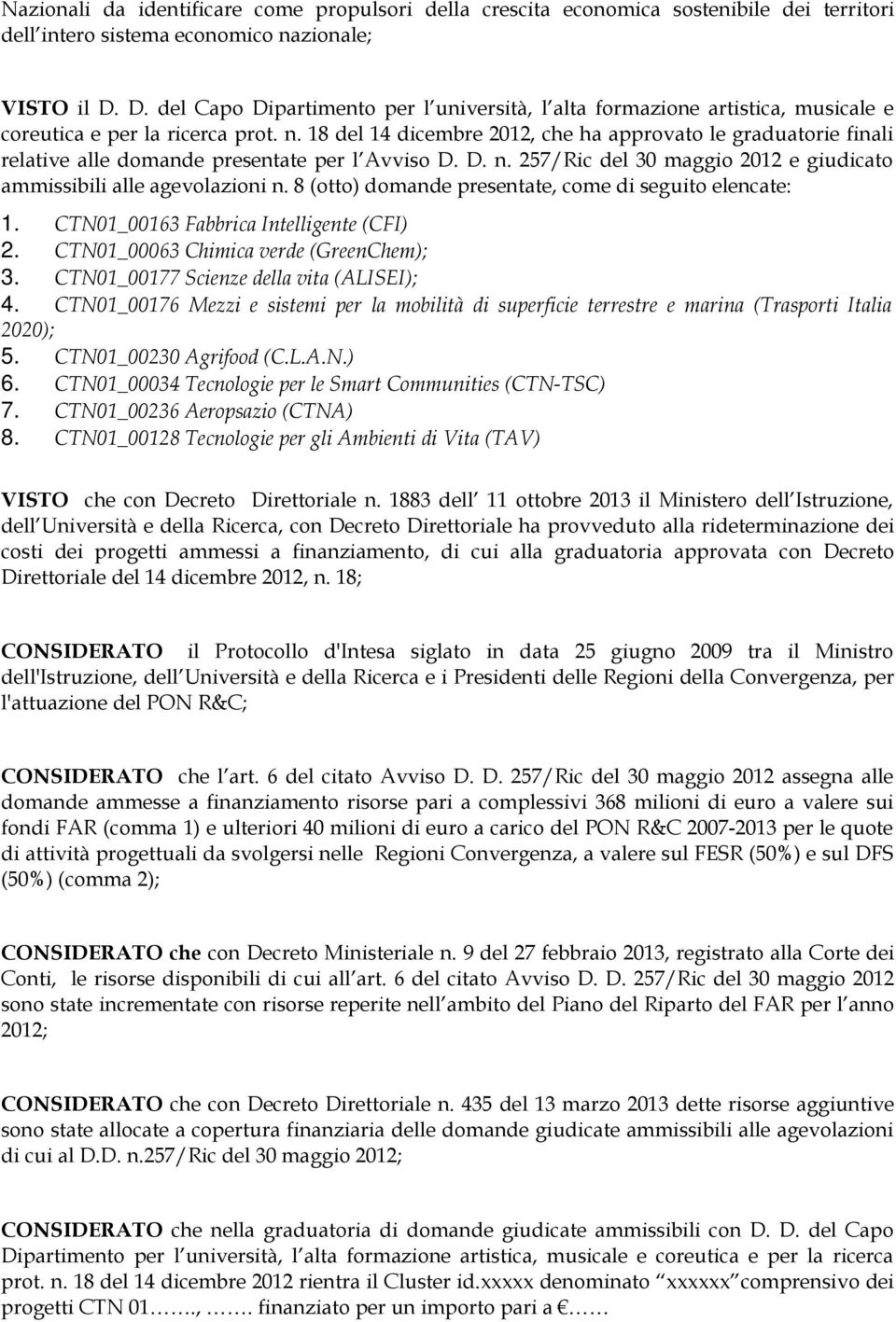 18 del 14 dicembre 2012, che ha approvato le graduatorie finali relative alle domande presentate per l Avviso D. D. n. 257/Ric del 30 maggio 2012 e giudicato ammissibili alle agevolazioni n.