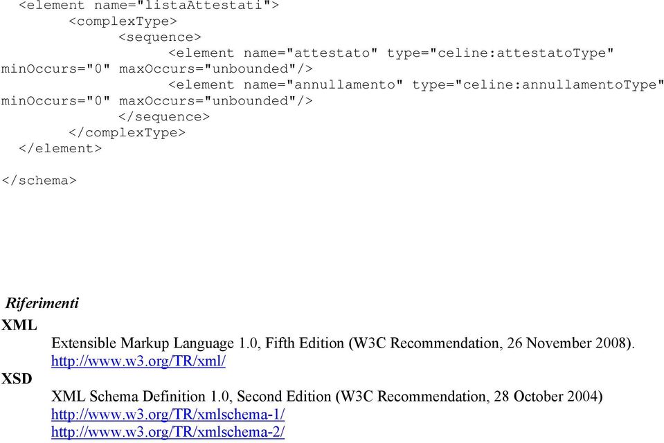 </complextype> </element> </schema> Riferimenti XML Extensible Markup Language 1.0, Fifth Edition (W3C Recommendation, 26 November 2008).
