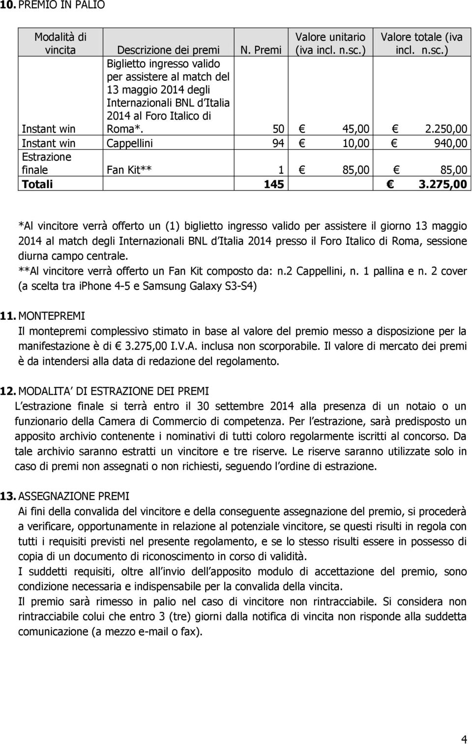 275,00 *Al vincitore verrà offerto un (1) biglietto ingresso valido per assistere il giorno 13 maggio 2014 al match degli Internazionali BNL d Italia 2014 presso il Foro Italico di Roma, sessione