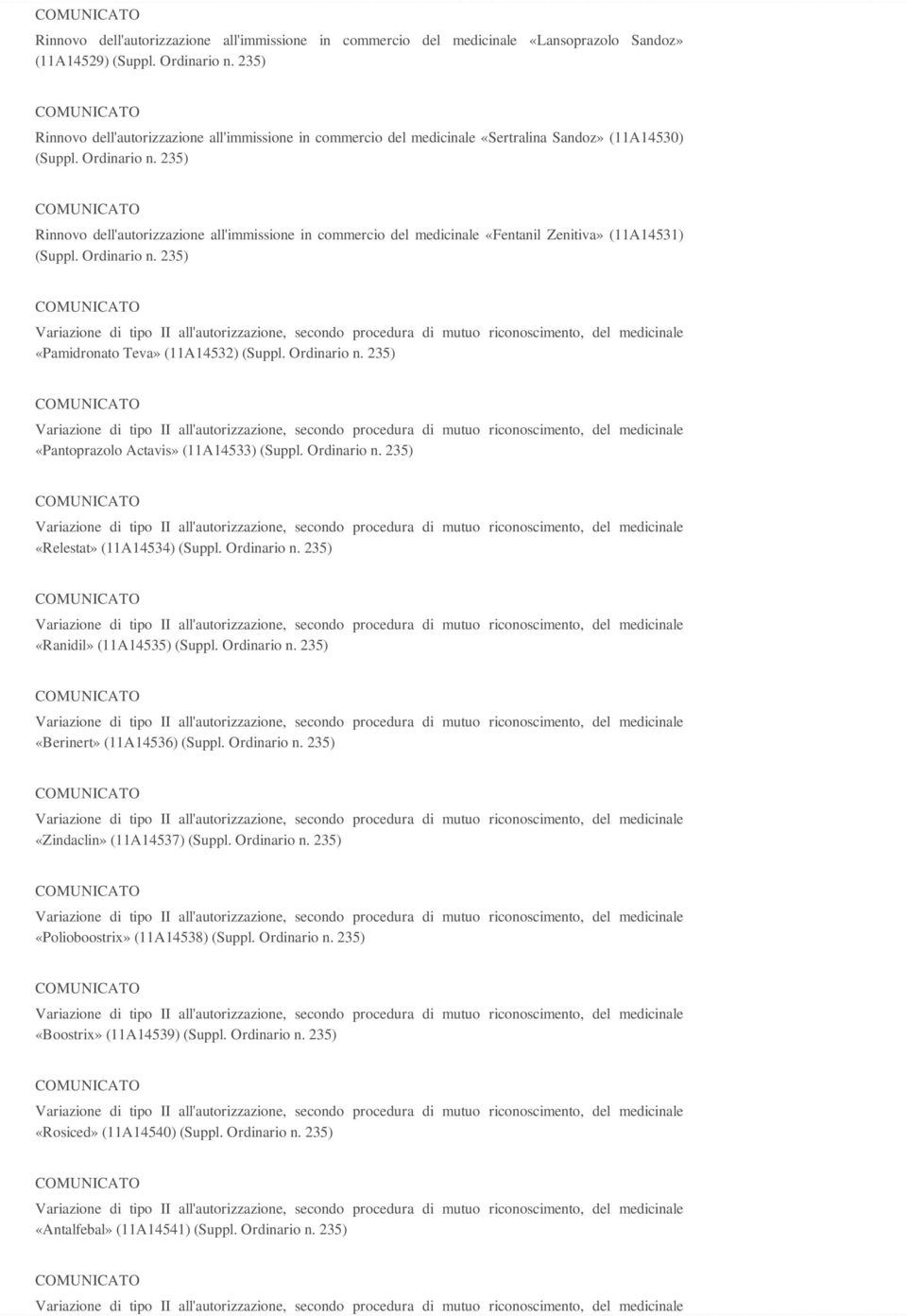 235) Rinnovo dell'autorizzazione all'immissione in commercio del medicinale «Fentanil Zenitiva» (11A14531) (Suppl. Ordinario n. 235) «Pamidronato Teva» (11A14532) (Suppl. Ordinario n. 235) «Pantoprazolo Actavis» (11A14533) (Suppl.