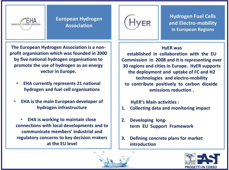 EHA currently represents 21 national hydrogen and fuel cell organisations EHA is the main European developer of hydrogen infrastructure EHA is working to maintain close connections with local