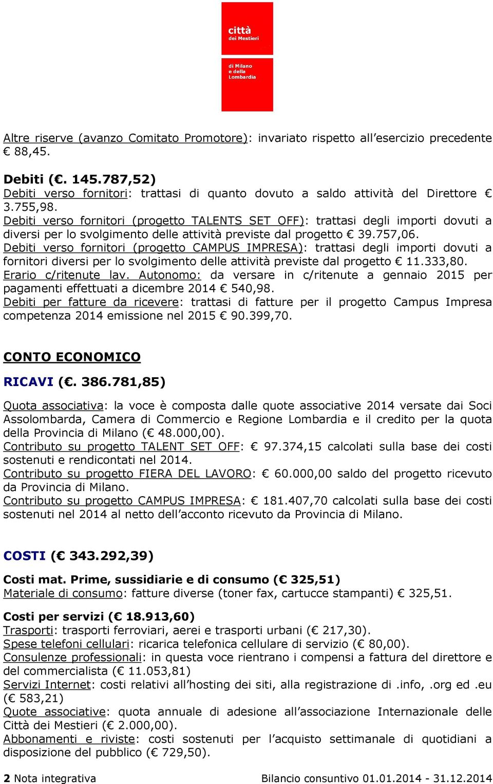 Debiti verso fornitori (progetto CAMPUS IMPRESA): trattasi degli importi dovuti a fornitori diversi per lo svolgimento delle attività previste dal progetto 11.333,80. Erario c/ritenute lav.