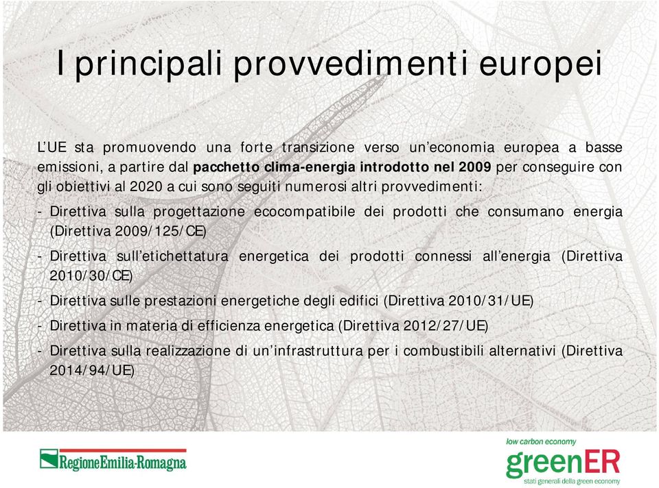 2009/125/CE) - Direttiva sull etichettatura energetica dei prodotti connessi all energia (Direttiva 2010/30/CE) - Direttiva sulle prestazioni energetiche degli edifici (Direttiva