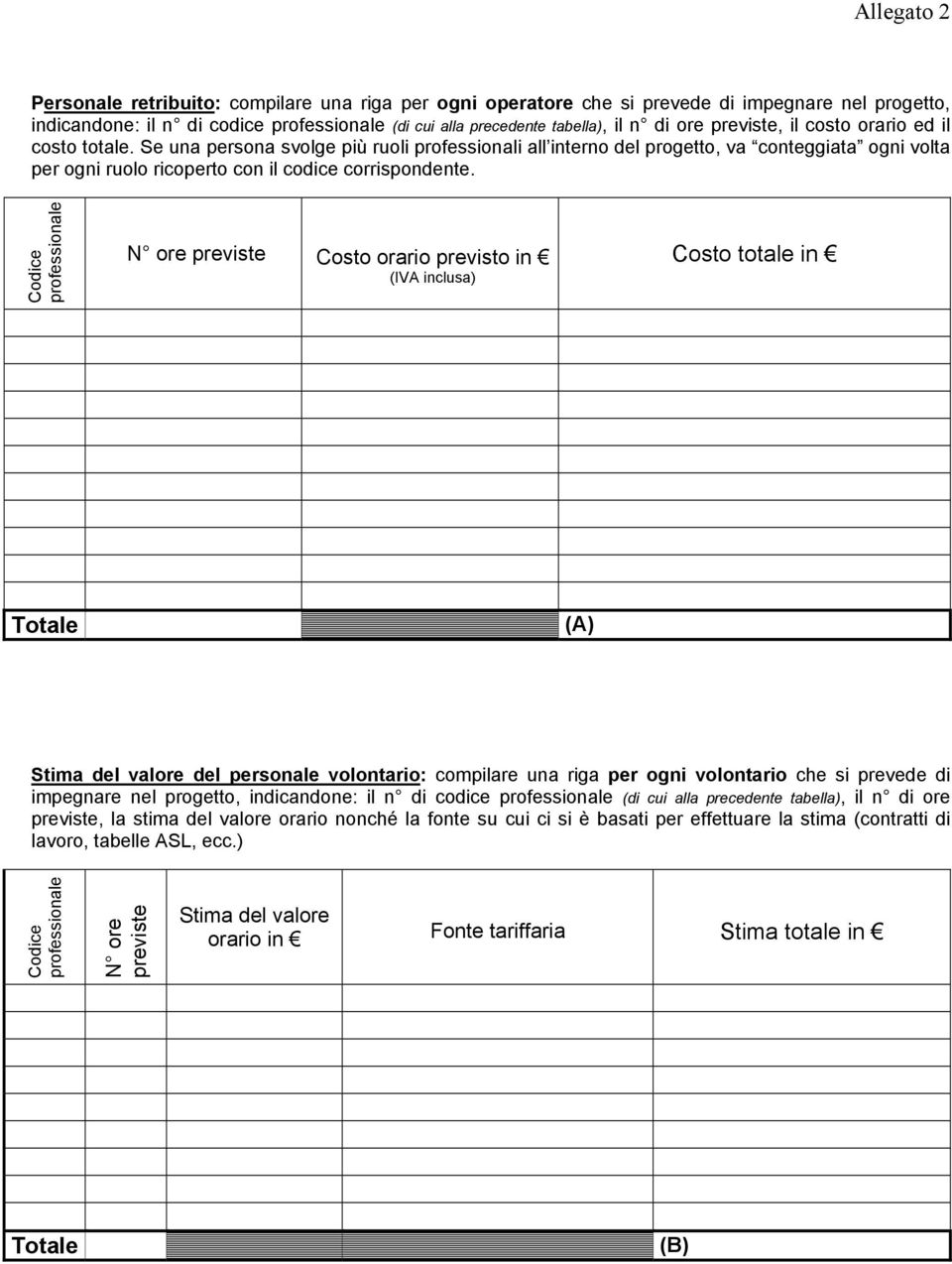 Codice professionale N ore previste Costo orario previsto in (IVA inclusa) Costo totale in Totale (A) Stima del valore del personale volontario: compilare una riga per ogni volontario che si prevede