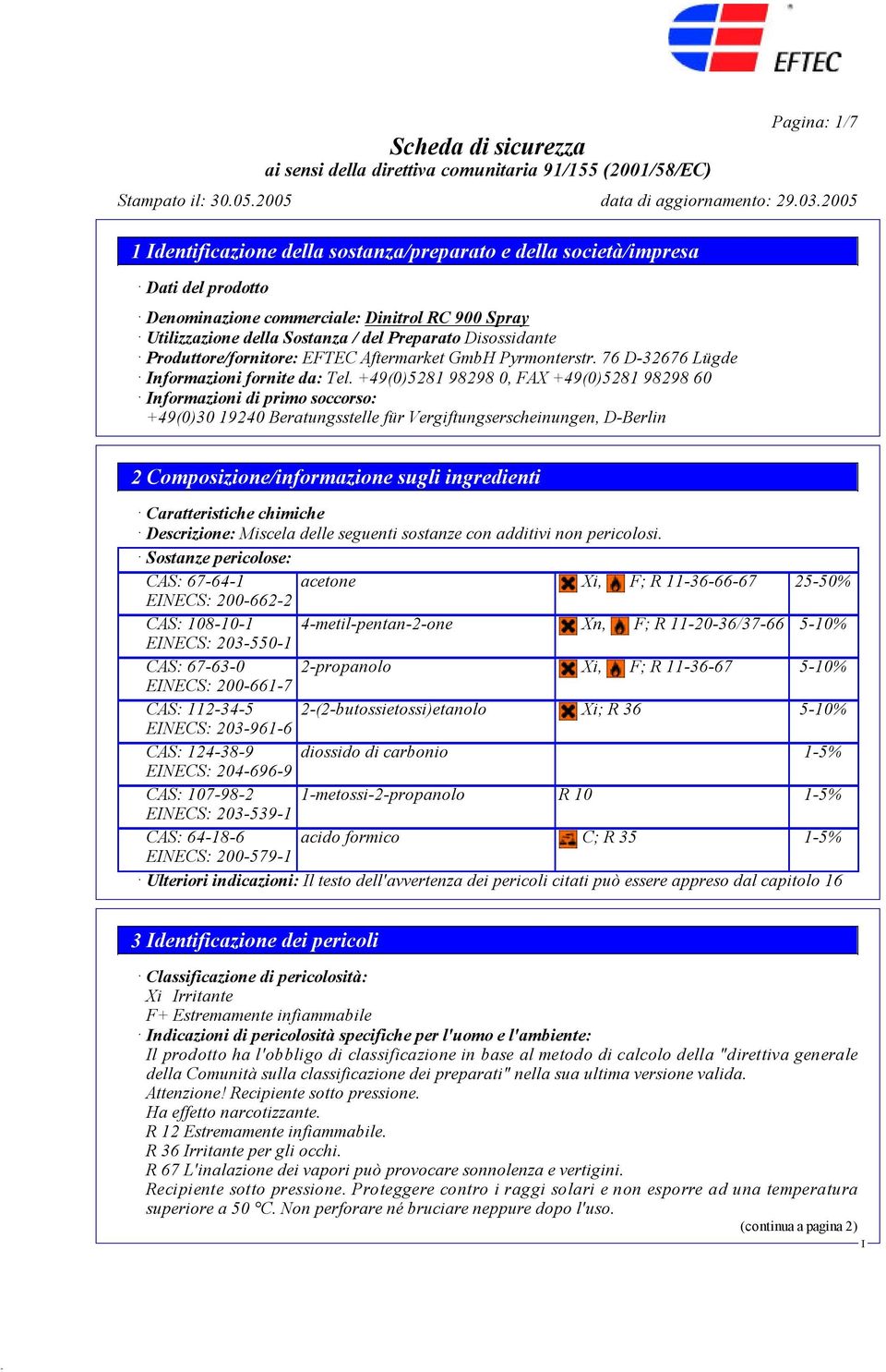 +49(0)5281 98298 0, FAX +49(0)5281 98298 60 nformazioni di primo soccorso: +49(0)30 19240 Beratungsstelle für Vergiftungserscheinungen, D-Berlin 2 Composizione/informazione sugli ingredienti