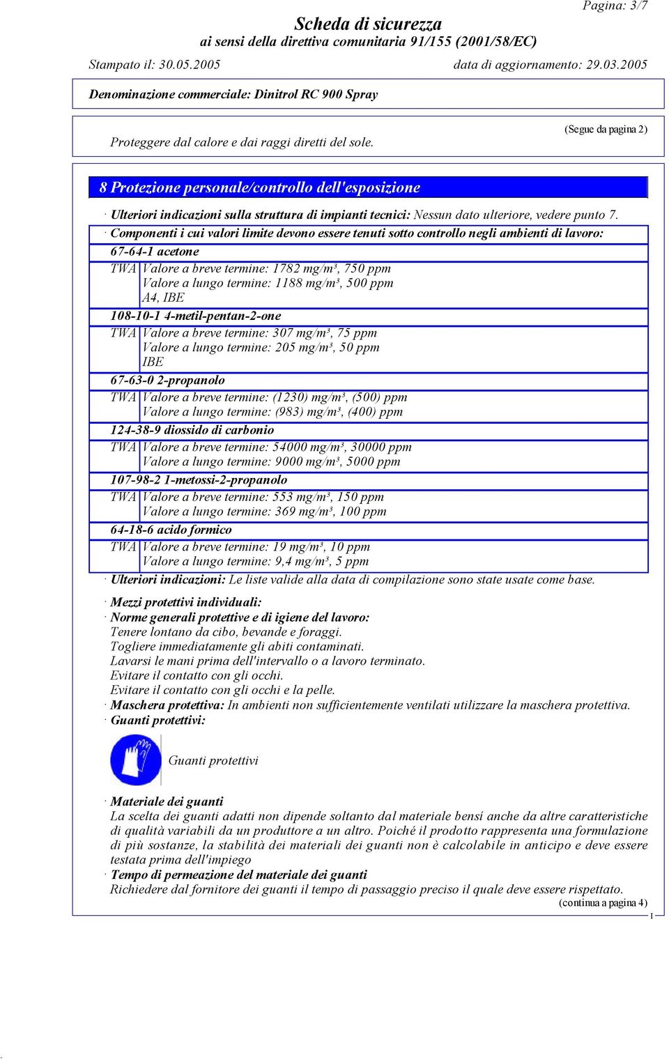 Componenti i cui valori limite devono essere tenuti sotto controllo negli ambienti di lavoro: 67-64-1 acetone TWA Valore a breve termine: 1782 mg/m³, 750 ppm Valore a lungo termine: 1188 mg/m³, 500