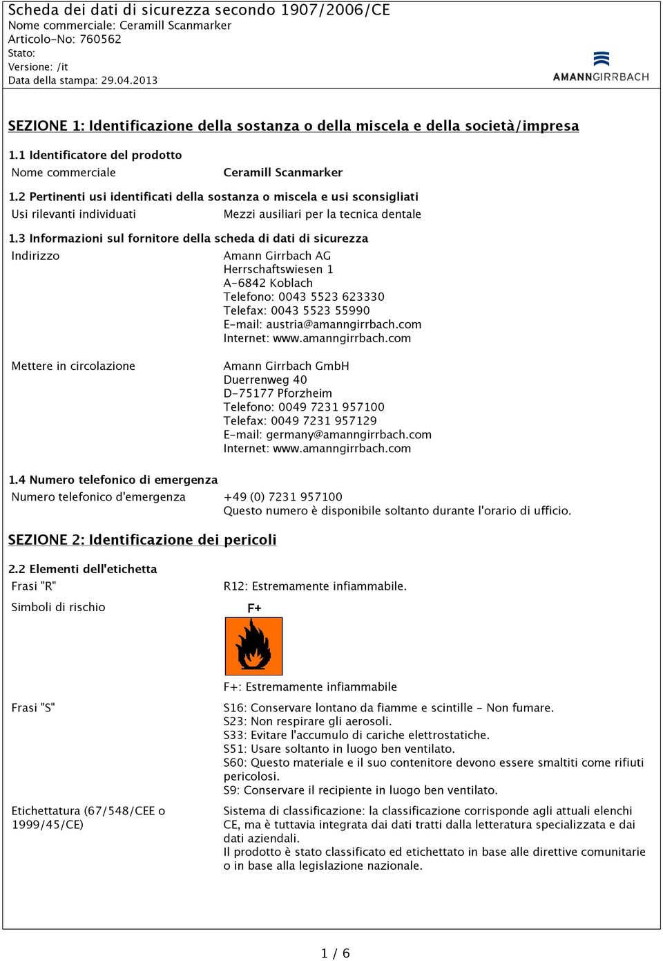 3 Informazioni sul fornitore della scheda di dati di sicurezza Indirizzo Amann Girrbach AG Herrschaftswiesen 1 A-6842 Koblach Telefono: 0043 5523 623330 Telefax: 0043 5523 55990 E-mail: