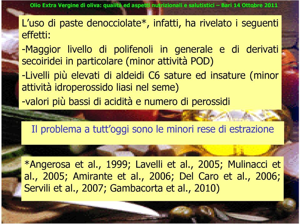 nel seme) -valori più bassi di acidità e numero di perossidi Il problema a tutt oggi sono le minori rese di estrazione *Angerosa et al.