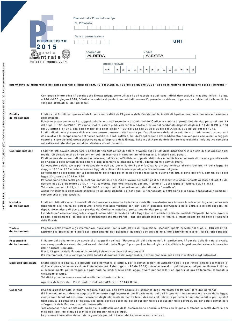 FISCALE Informativa sul trattamento dei dati personali ai sensi dell'art. del D.Lgs. n.