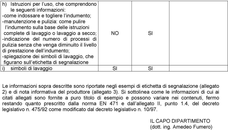 sull etichetta di segnalazione i) simboli di lavaggio Le informazioni sopra descritte sono riportate negli esempi di etichetta di segnalazione (allegato 2) e di nota informativa del produttore