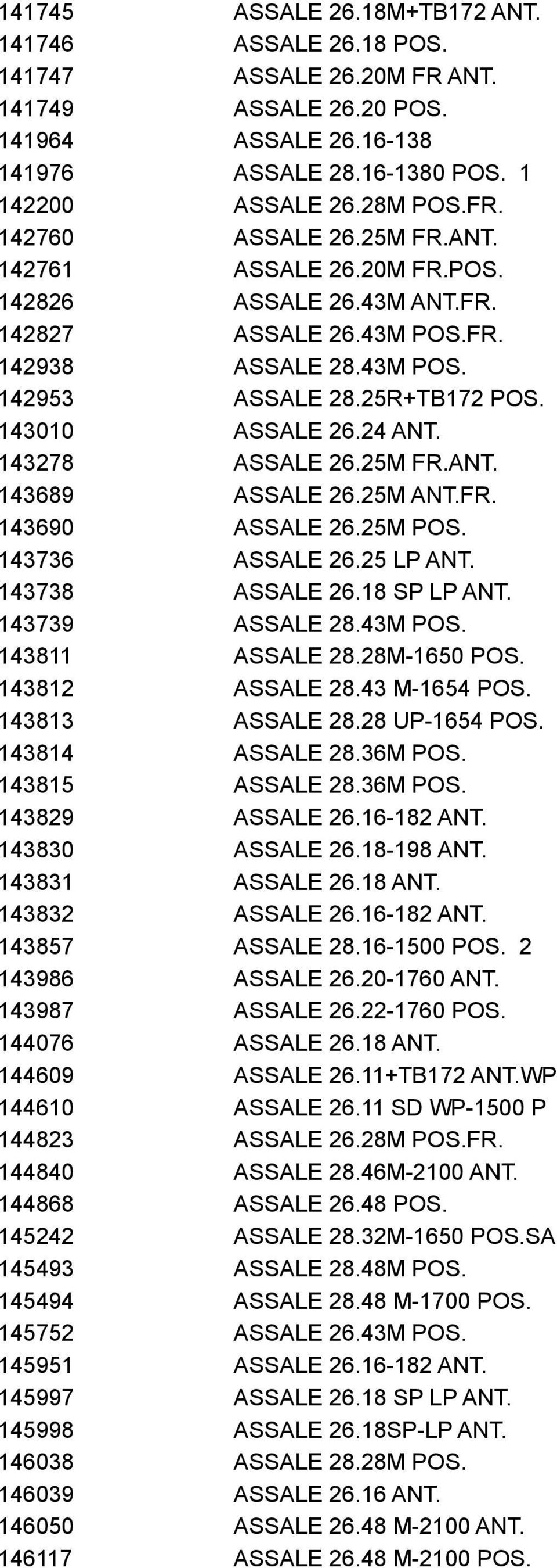 25M FR.ANT. 143689 ASSALE 26.25M ANT.FR. 143690 ASSALE 26.25M POS. 143736 ASSALE 26.25 LP ANT. 143738 ASSALE 26.18 SP LP ANT. 143739 ASSALE 28.43M POS. 143811 ASSALE 28.28M-1650 POS. 143812 ASSALE 28.