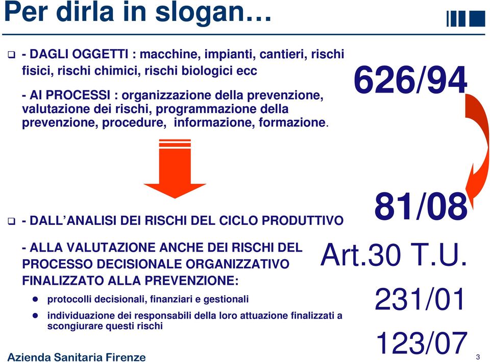 626/94 - DALL ANALISI DEI RISCHI DEL CICLO PRODUTTIVO 81/08 - ALLA VALUTAZIONE ANCHE DEI RISCHI DEL PROCESSO DECISIONALE ORGANIZZATIVO FINALIZZATO ALLA