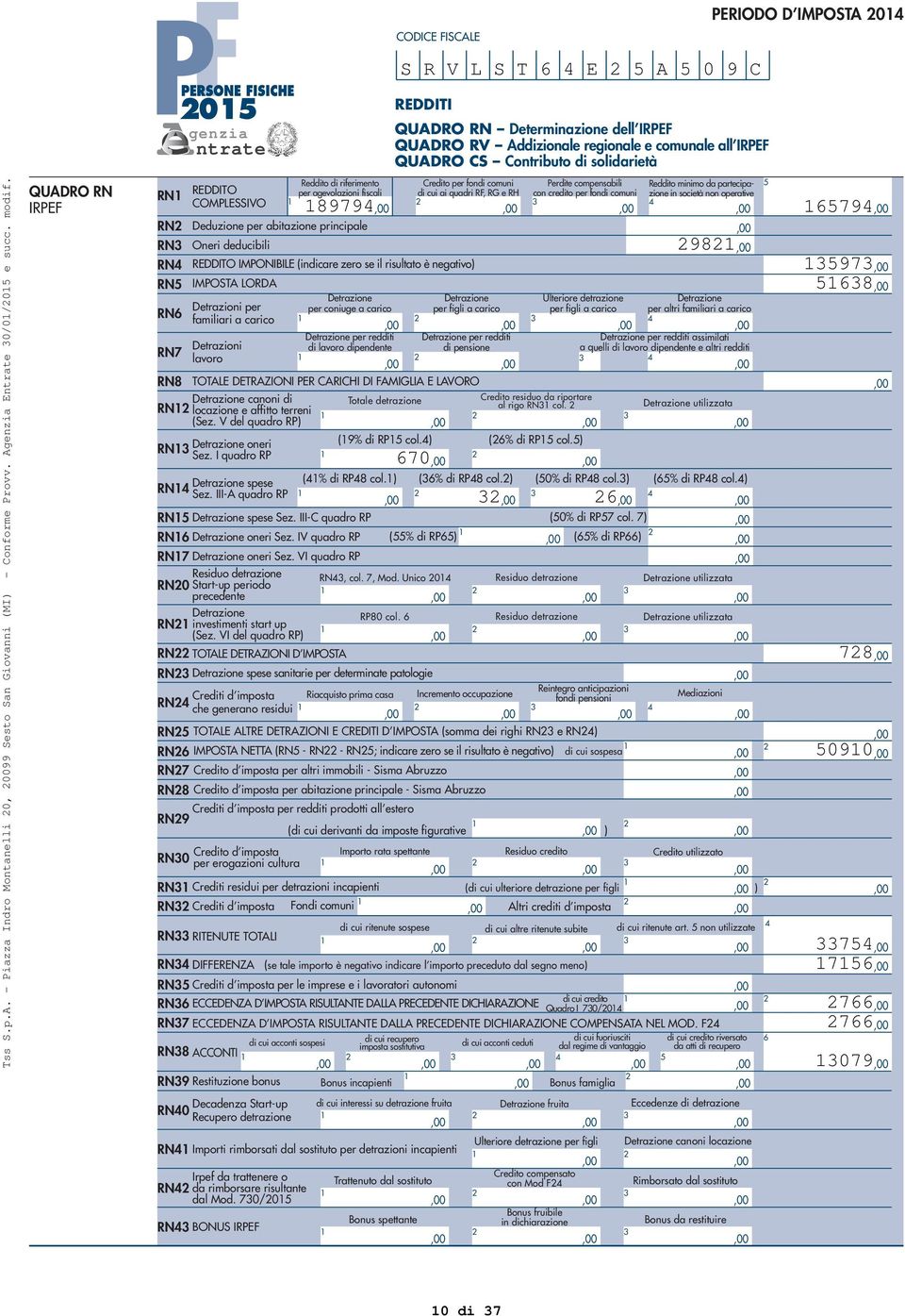 TOTALE ALTRE DETRAZIONI E CREDITI D IMPOSTA (somma dei righi RN e RN) RN IMPOSTA NETTA (RN - RN - RN; indicare zero se il risultato è negativo) di cui sospesa Crediti d imposta per redditi prodotti