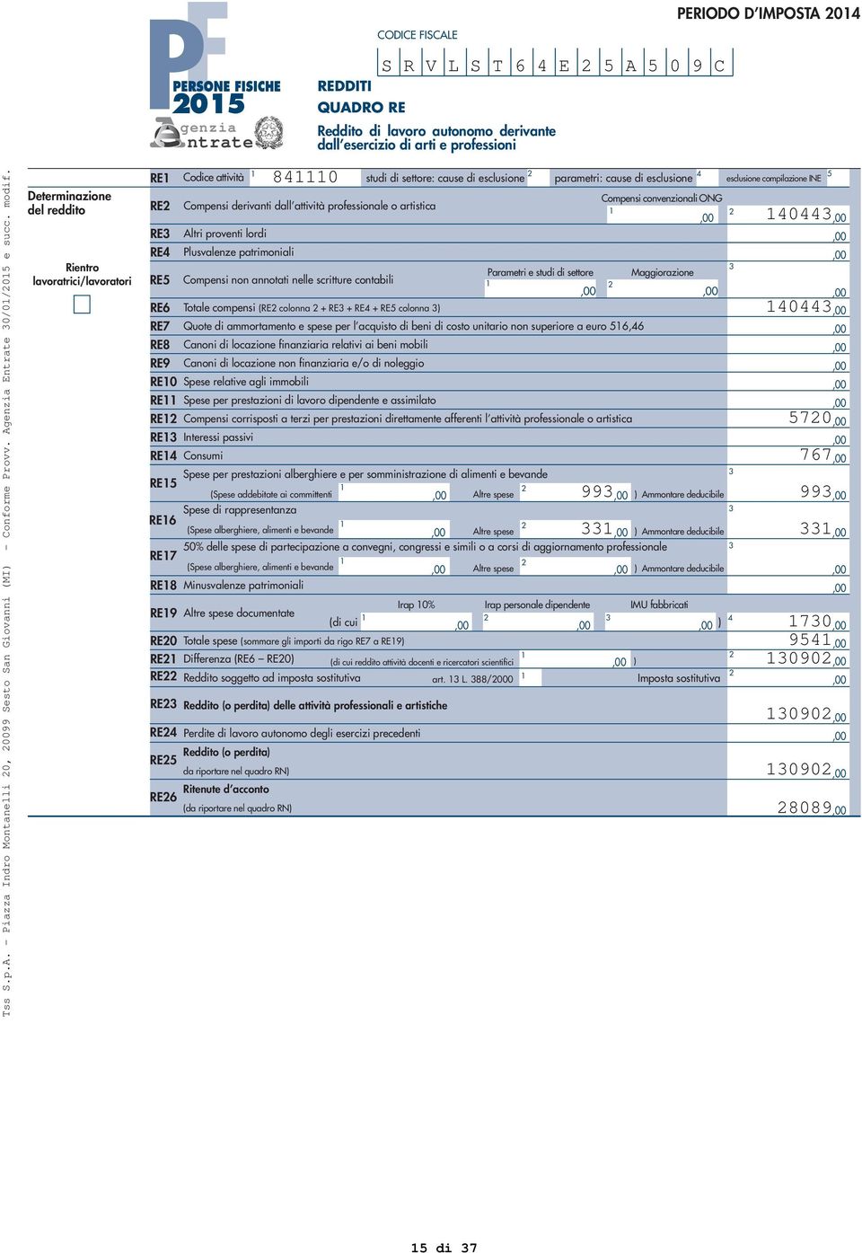 attività professionale o artistica Compensi convenzionali ONG 0 RE Altri proventi lordi RE Plusvalenze patrimoniali Parametri e studi di settore Maggiorazione RE Compensi non annotati nelle scritture