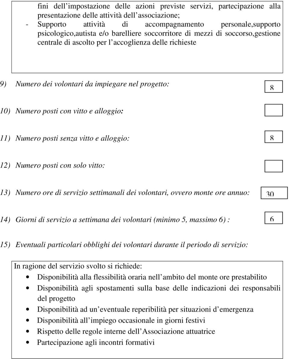 alloggio: 11) Numero posti senza vitto e alloggio: 8 12) Numero posti con solo vitto: 13) Numero ore di servizio settimanali dei volontari, ovvero monte ore annuo: 30 14) Giorni di servizio a