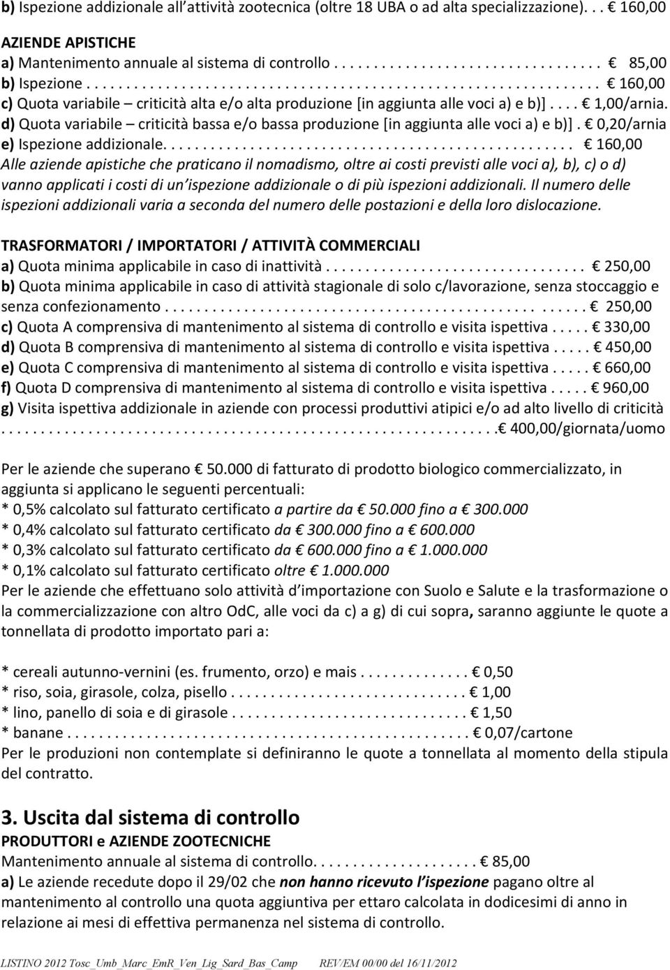 d) Quota variabile criticità bassa e/o bassa produzione [in aggiunta alle voci a) e b)]. 0,20/arnia e) Ispezione addizionale.