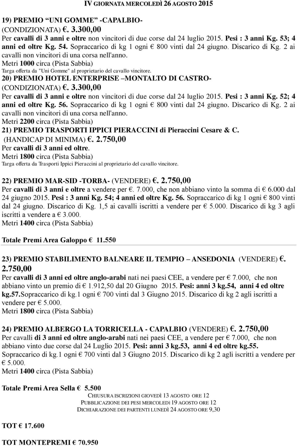 Targa offerta da "Uni Gomme" al proprietario del cavallo vincitore. 20) PREMIO HOTEL ENTERPRISE MONTALTO DI CASTRO- (CONDIZIONATA). 3.