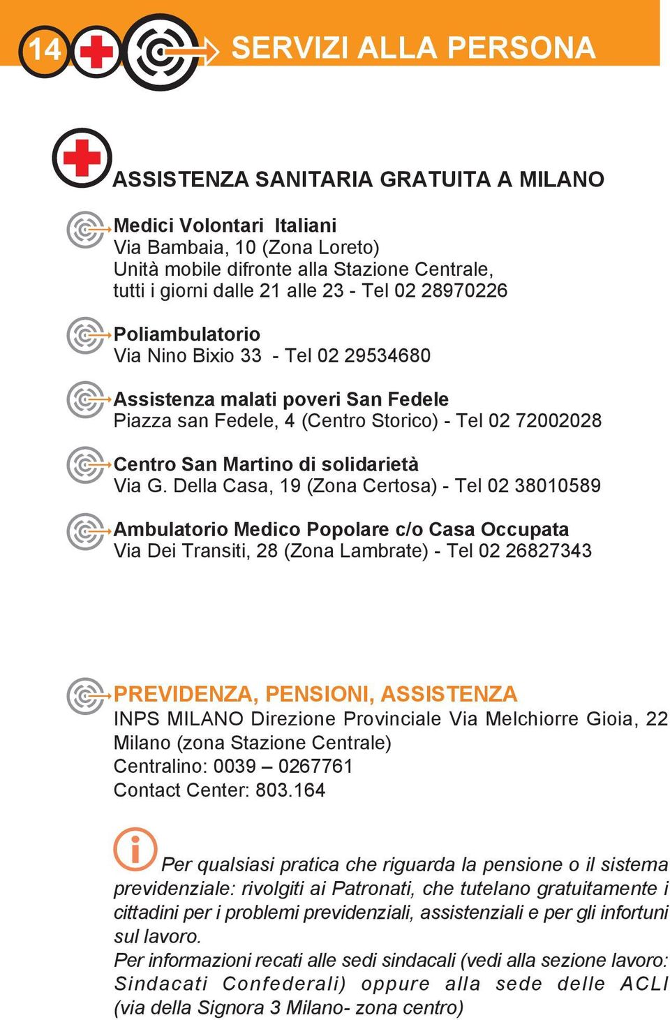 Della Casa, 19 (Zona Certosa) - Tel 02 38010589 Ambulatorio Medico Popolare c/o Casa Occupata Via Dei Transiti, 28 (Zona Lambrate) - Tel 02 26827343 PREVIDENZA, PENSIONI, ASSISTENZA INPS MILANO